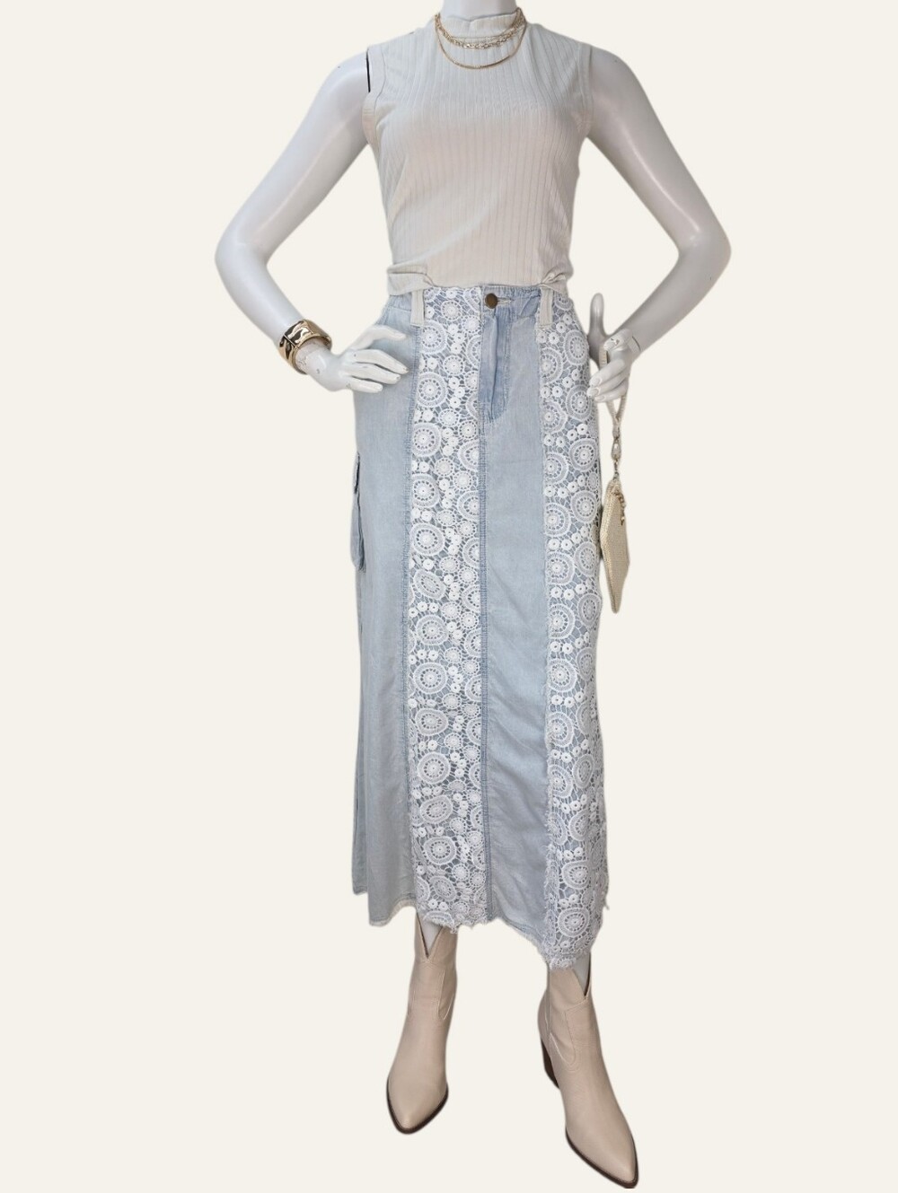 POL Lace Patch Denim Midi Skirt Cargo Coastal Cowgirl Boho Western Medium NIP